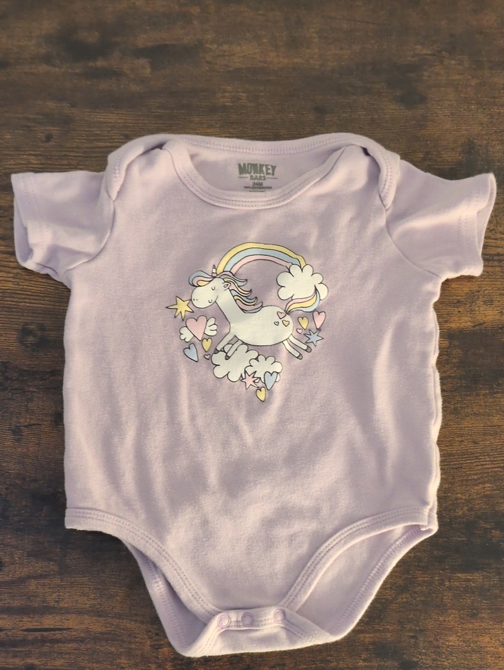 5/$25 Monkey BarsLilac Unicorn Graphic Onesie Bodysuit 24M